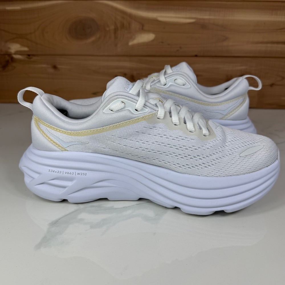 Hoka One One White Athletic Running Shoes with Subtle Gold Trim - Picture 12 of 16